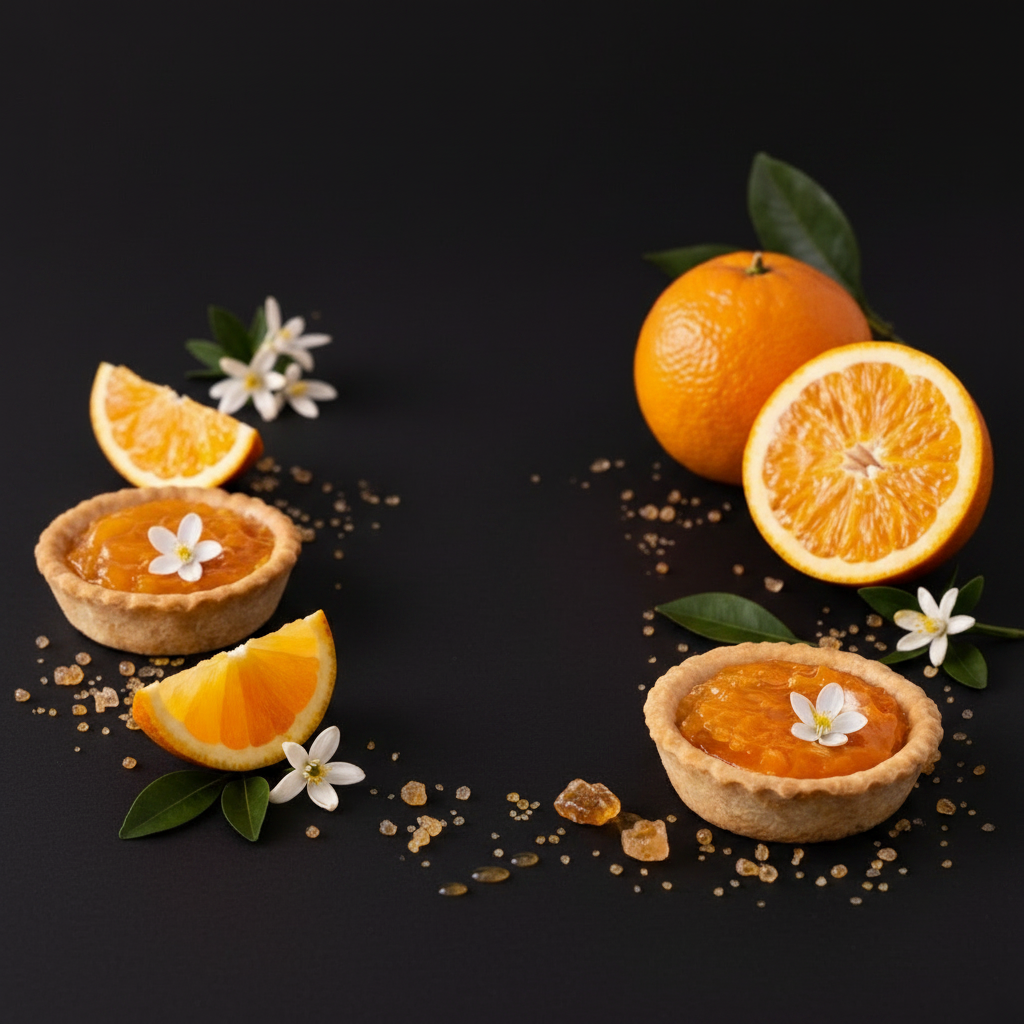 Oranges and tarts on black background